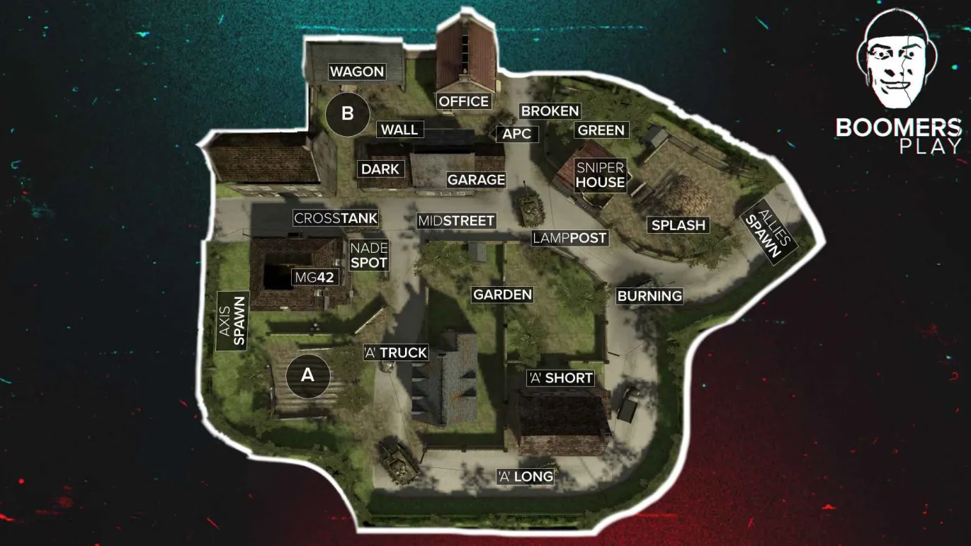 Burgundy overhead callout map with named positions, Axis and Allies spawns, and A and B bomb sites. Open the full-size image to read the labels.