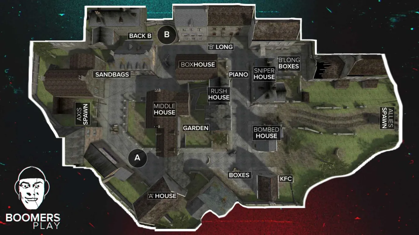 Carentan overhead callout map with named positions, Axis and Allies spawns, and A and B bomb sites. Open the full-size image to read the labels.