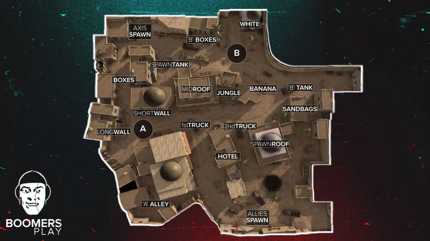 Matmata overhead callout map with named positions, Axis and Allies spawns, and A and B bomb sites. Open the full-size image to read the labels.
