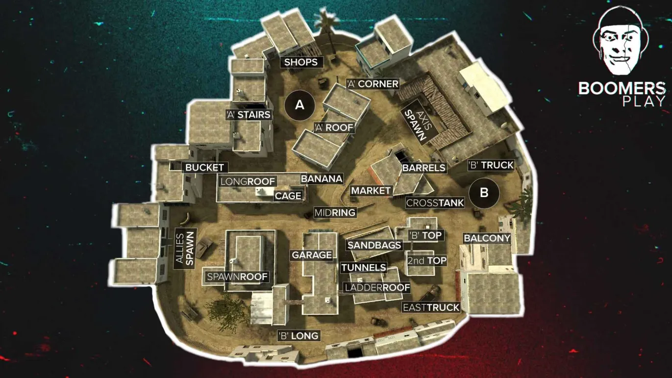 Toujane overhead callout map with named positions, Axis and Allies spawns, and A and B bomb sites. Open the full-size image to read the labels.